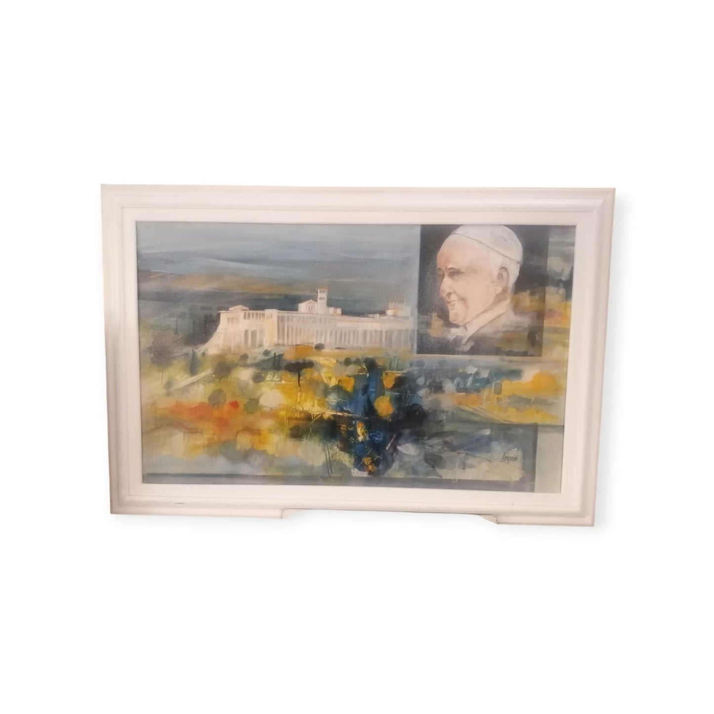 Quadro veduta Basilica di San Francesco e convento con Papa Francewsco