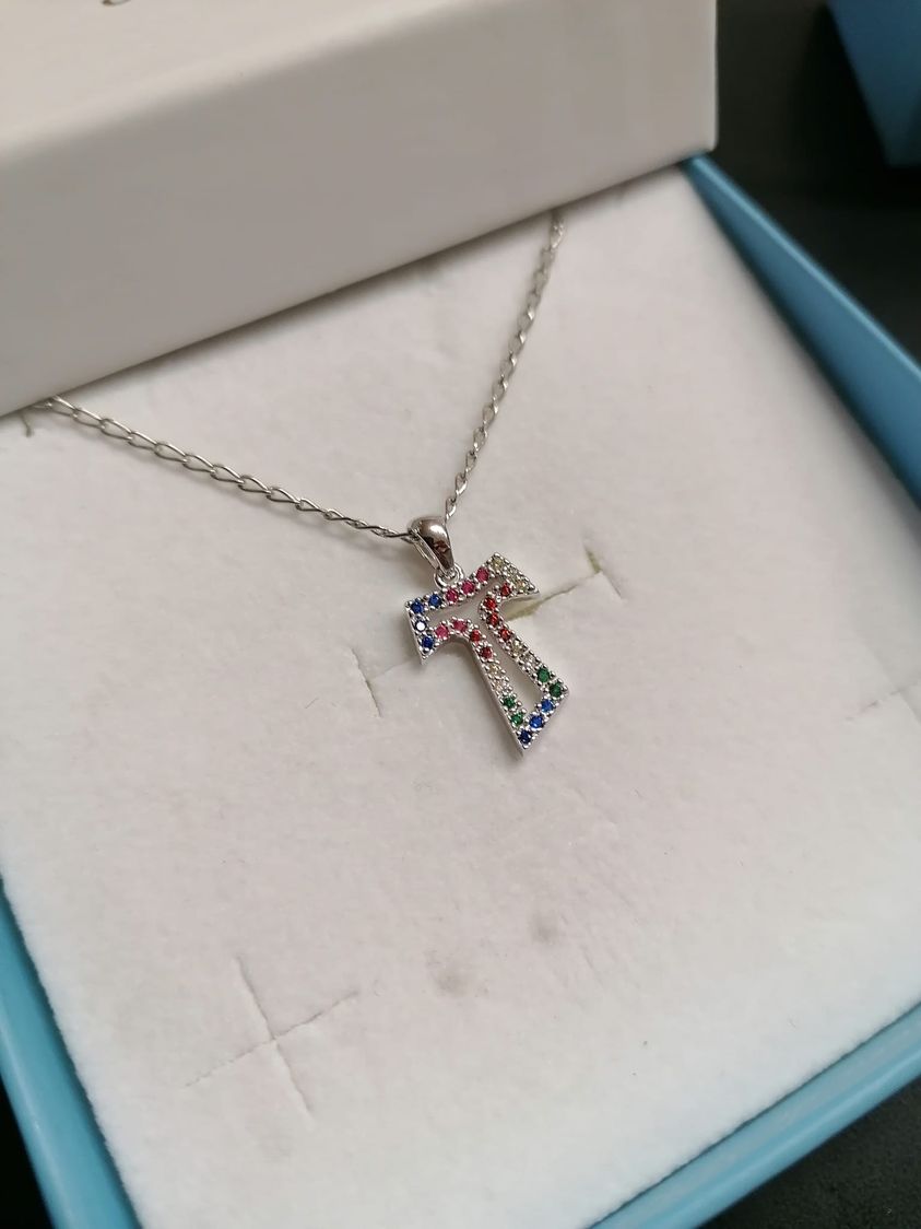 Tau croce francescana in argento 925 con zirconi multicolor