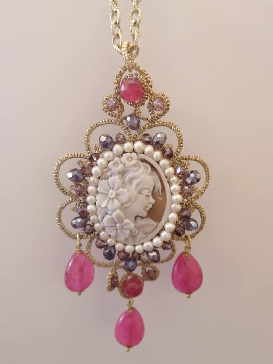 Tatting lace, cameo and stone pendant