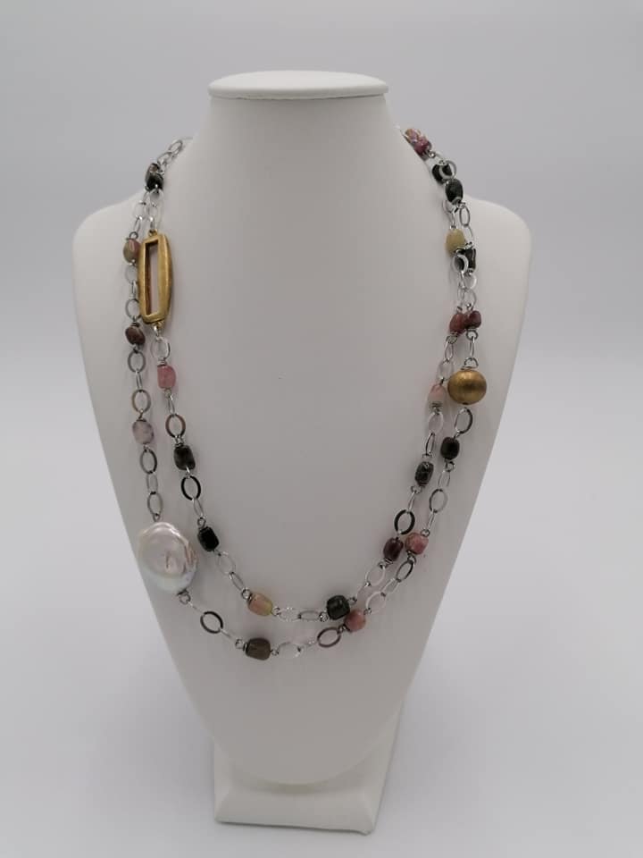 Double necklace in silver, tourmalines and smoky gray pearl