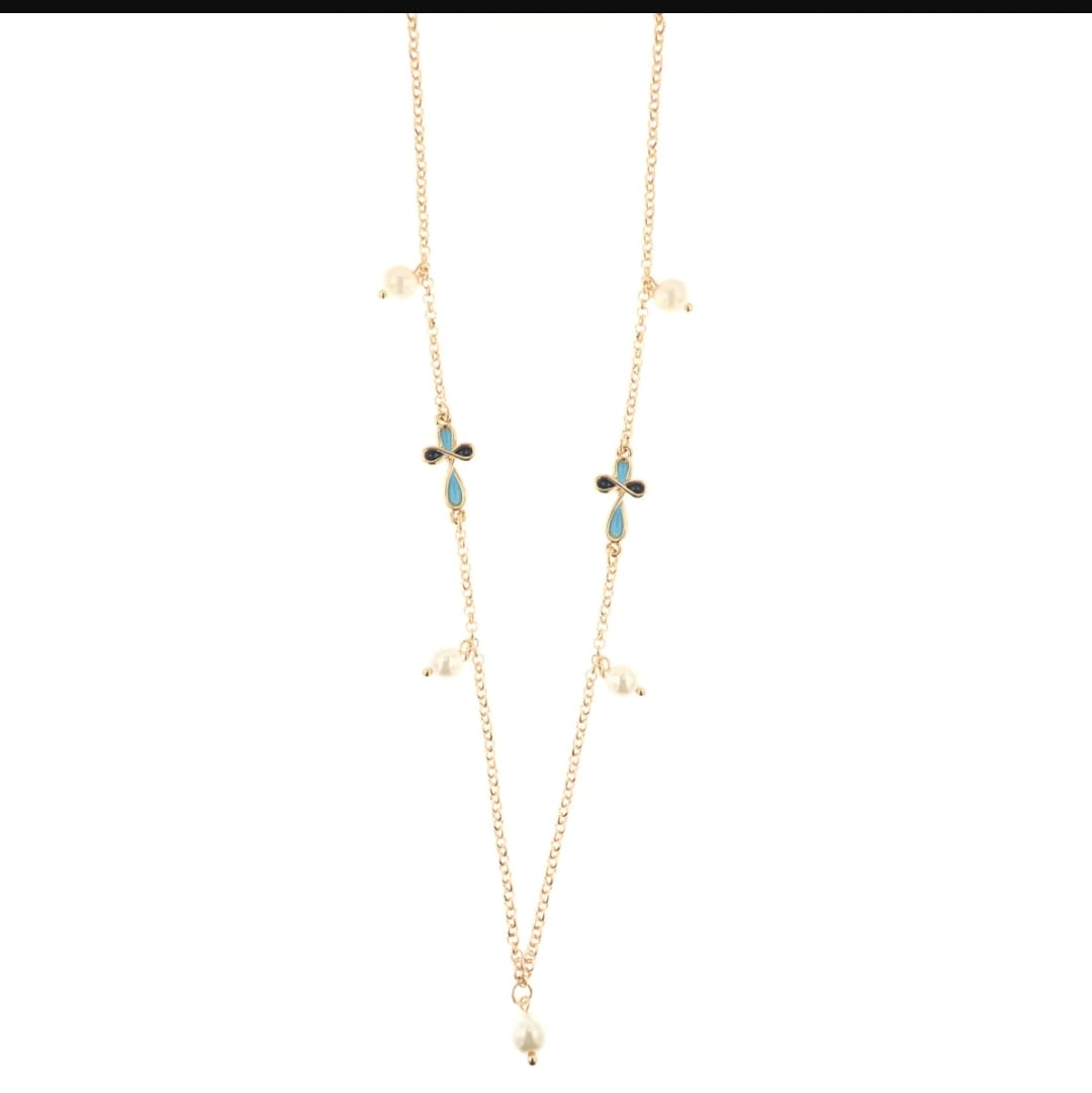 Necklace in gold-plated metal with pearls and blue and black crosses