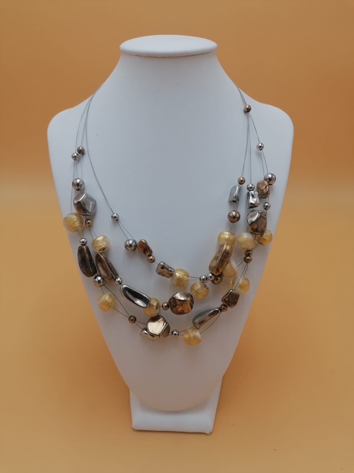 3-strand silver necklace with golden Murano glass pearls and golden silver nuggets