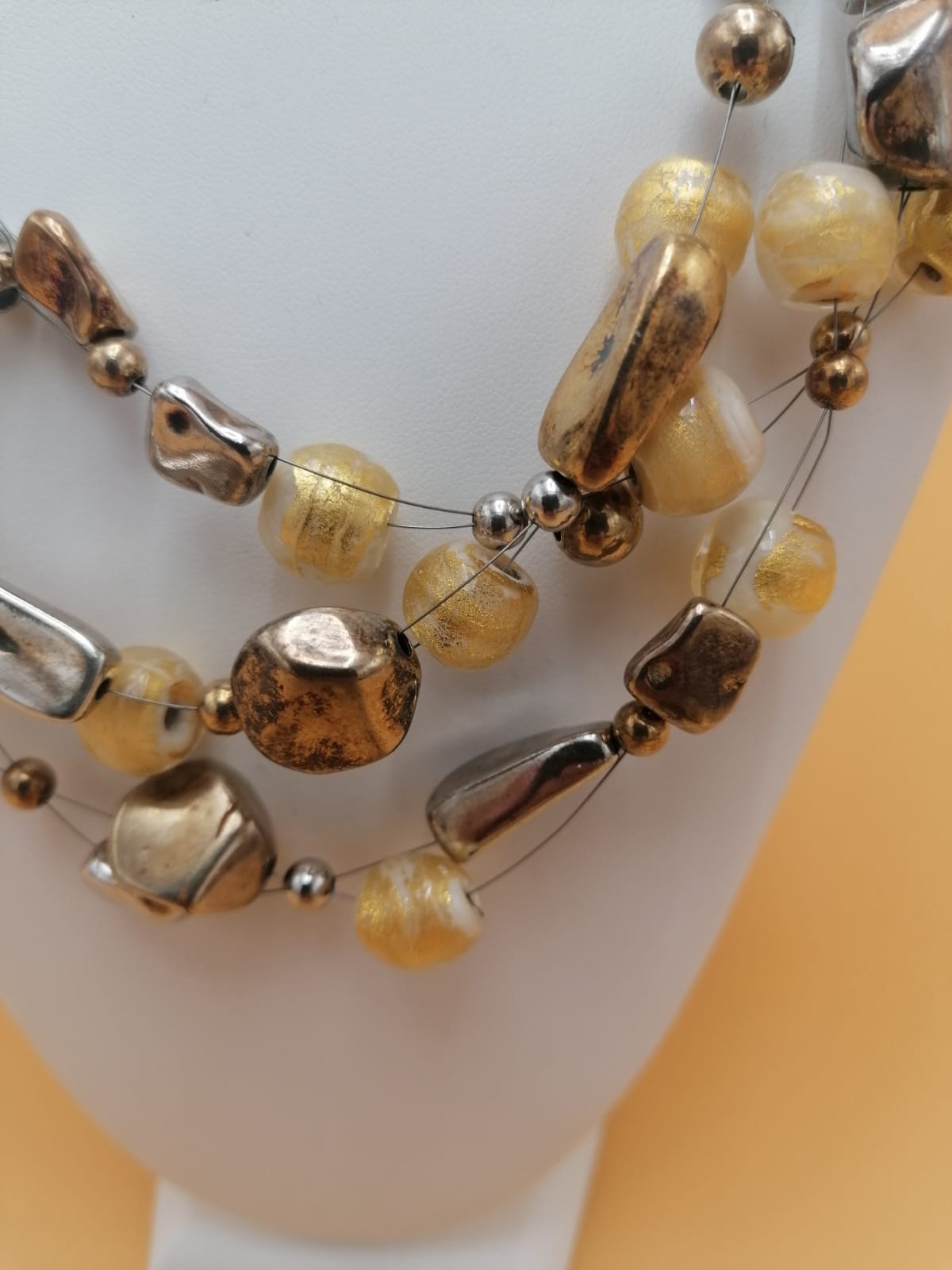 3-strand silver necklace with golden Murano glass pearls and golden silver nuggets