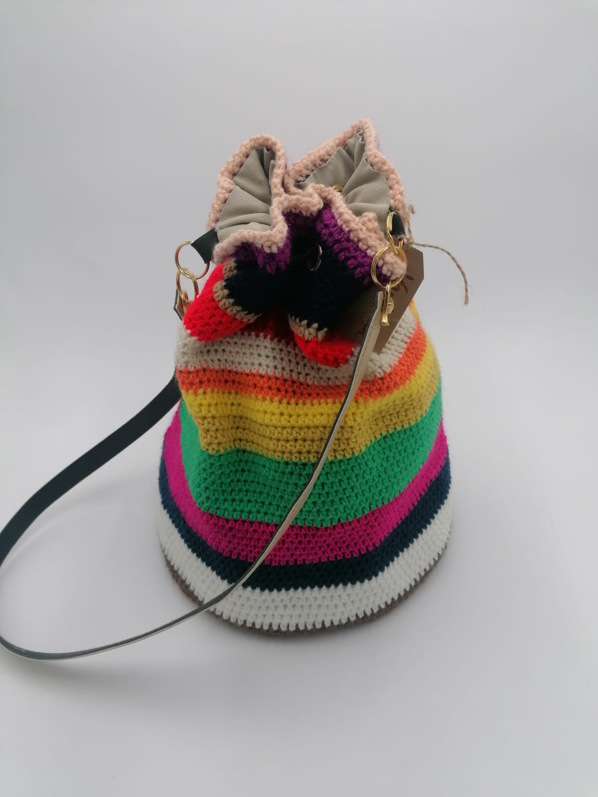 Borsa secchiello con tracolla in pelle handmade uncinetto multicolor
