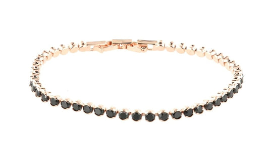 Tennis bracelet in pink metal with black crystals