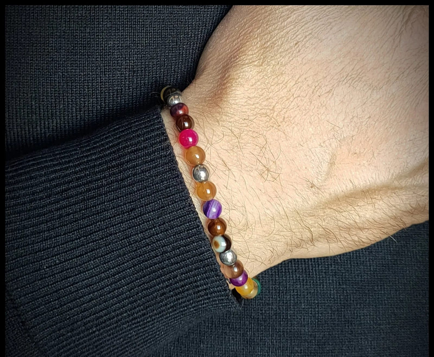 Bracciale in acciaio e pietra agata multicolor