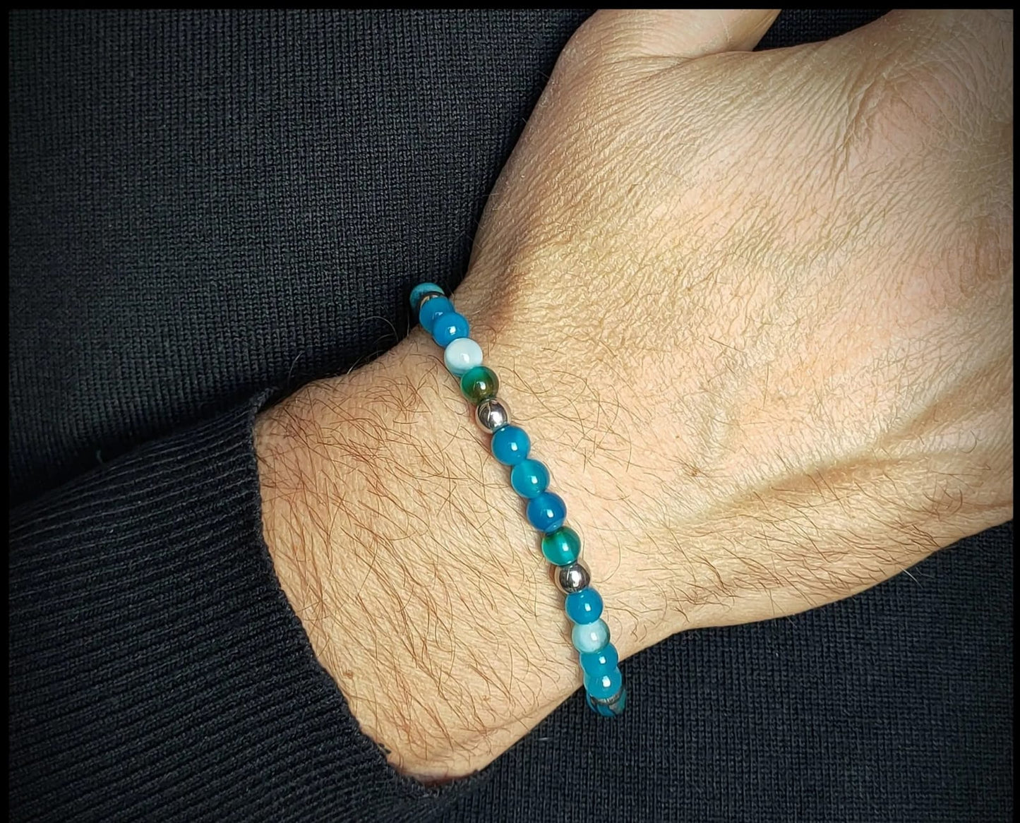 Bracciale in acciaio e pietra  naturale agata azzurra