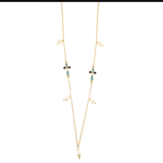 Collana in metallo galvanica gold con  perle e croci blu e nero